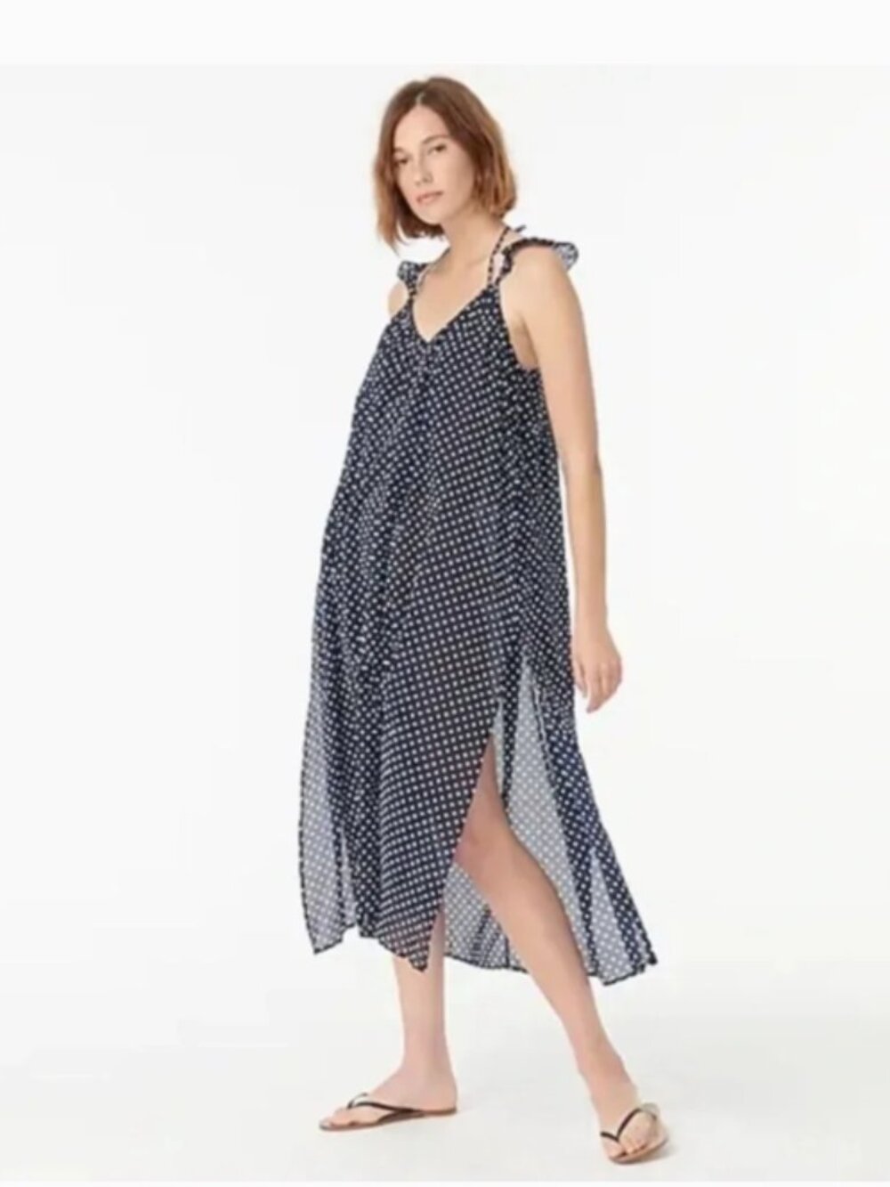 J. Crew Beachwear Ruffle Strap Cover classic polka dot navy white size L